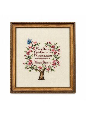 Framed Crewel Needlepoint Art Floral Work Each Day Gift to you Make it Bloom and